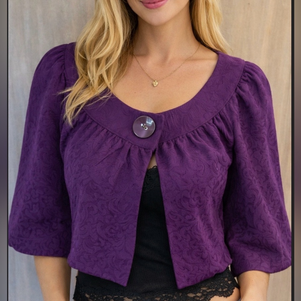 Plum Purple Cropped mod twee Jacket Puff Sleeve Button Front Y2K Style L